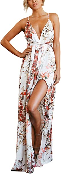 Photo 2 of FFLMYUHUL I U Women's Strap Floral Print Lace Up Backless Deep V Neck Sexy Split Beach Maxi Dress  SIZE L