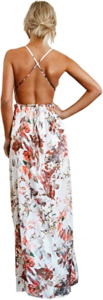 Photo 1 of FFLMYUHUL I U Women's Strap Floral Print Lace Up Backless Deep V Neck Sexy Split Beach Maxi Dress  SIZE L