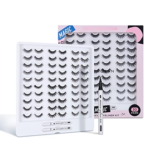 Photo 1 of BEPHOLAN 30 Pairs Eyelashes Pack With 2 Magic Eyeliner Glue, 3D Effect and Natural Lashes, Easy to Apply & Comfortable, Eyelashes Pack, 30 Pairs 6 Styles Mixed, XMZ359