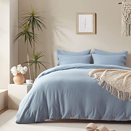 Photo 2 of Anluoer Duvet Cover Queen Size with 2 Pillow Shams- Washed Queen Duvet Cover Set with Buttons Closure, Soft Microfiber Bedding Comforter Covers for All Season(Greyish Blue, 90x90 inches, 3 Pieces )