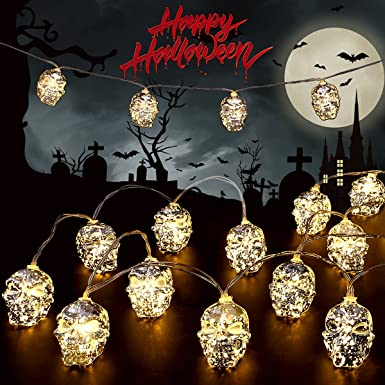 Photo 1 of 20 LED Halloween String Lights,9.8ft Orange Lights Halloween Battery Operated String Lights for Bedroom Outdoor Halloween Decorations Indoor?2 Modes Flash/Steady Skull?