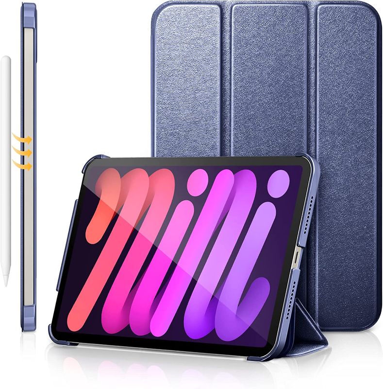 Photo 1 of DTTO for iPad Mini 6 Case 2021, Premium Silk Pattern Slim Trifold Stand Cover[Support 2nd Gen Apple Pencil Charging] - Smart Auto Wake/Sleep Shell with Protective Hard Back(8.3 inch), Navy Blue