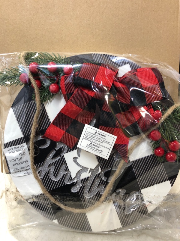 Photo 2 of  Lighted & Timer ] Merry Christmas Wreath Sign with Lights for Front Door Xmas Decor Battery Powered Buffalo Plaid Wooden Sign Hanging Porch Window Wall Christmas Decoration Outdoor Indoor Home  SEE 2ND PHOTO FOR ACTUAL ITEM 