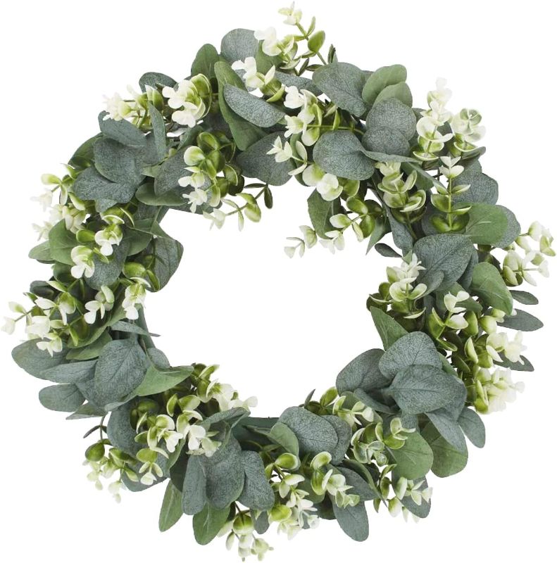 Photo 1 of 16'' Eucalyptus Wreath for Front Door Artificial Spring Summer Wreath for Wall with Green Leaves Faux Eucalyptus Porch Farmhouse Patio Garden Festival Celebration Window Party Decor Home Décor