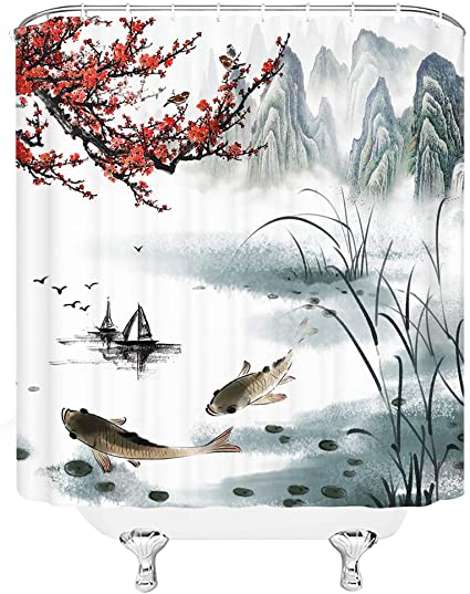 Photo 1 of Asian Shower Curtain Decor Red Cherry Blossom Plum Blossom Misty Mountain Bird Fish Boat Retro Japanese Tradition Antiqu Landscape Ink Paint Art Bathroom Decor Curtains with Hook 70x70
