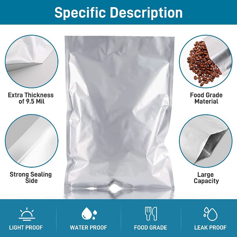 Photo 3 of 20 Pcs 5 Gallon Mylar Bags(28"x19") with Individually Wrapped Oxygen Absorbers 3000cc, 9.5 Mil Thick Large Mylar Bags for Long-term Food Storage, Heat Sealable Mylar Bags for Coffee Beans,Wheat Berry Storage