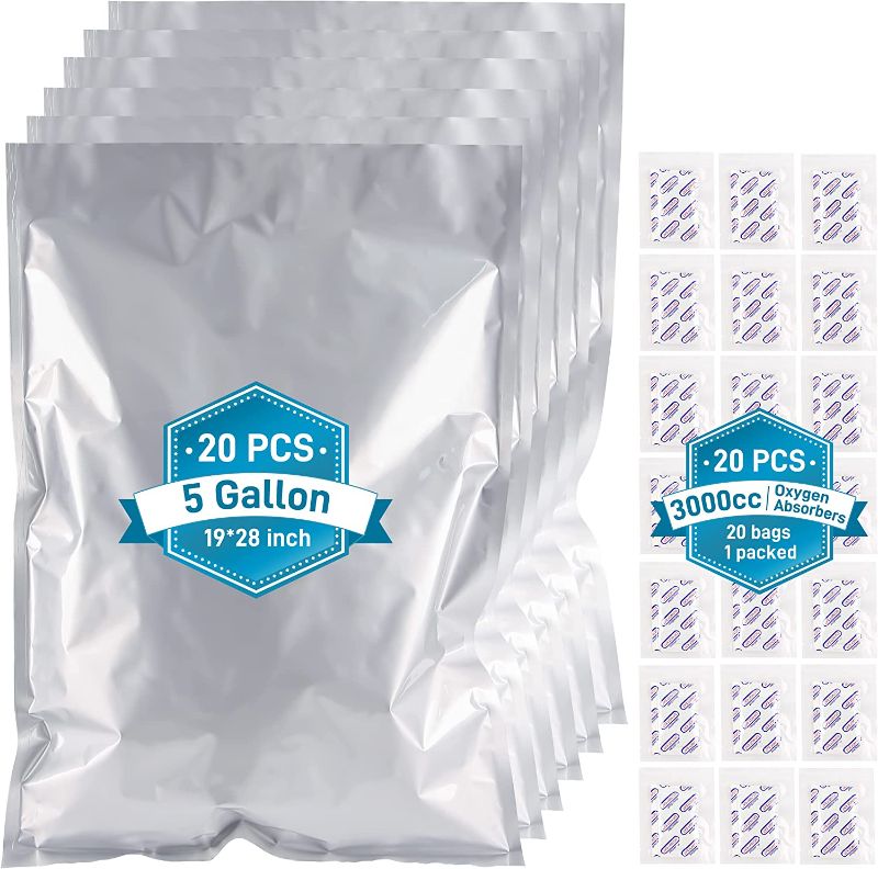 Photo 1 of 20 Pcs 5 Gallon Mylar Bags(28"x19") with Individually Wrapped Oxygen Absorbers 3000cc, 9.5 Mil Thick Large Mylar Bags for Long-term Food Storage, Heat Sealable Mylar Bags for Coffee Beans,Wheat Berry Storage