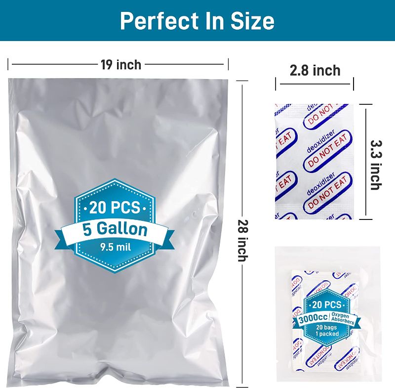 Photo 1 of 20 Pcs 5 Gallon Mylar Bags(28"x19") with Individually Wrapped Oxygen Absorbers 3000cc, 9.5 Mil Thick Large Mylar Bags for Long-term Food Storage, Heat Sealable Mylar Bags for Coffee Beans,Wheat Berry Storage