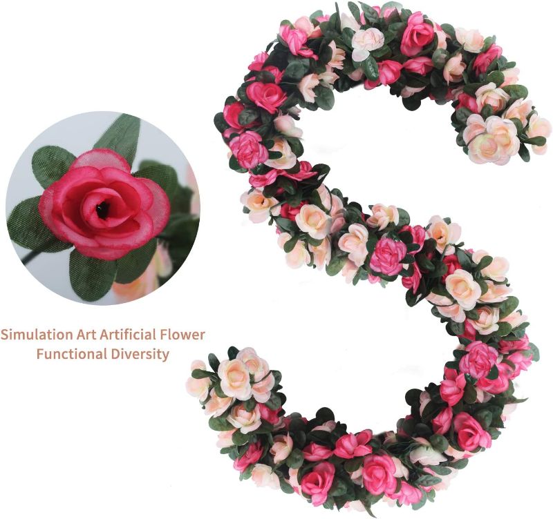 Photo 2 of AnoKe 6pcs 49 FT Rose Vine Flowers Garland Plants- BSTC Artificial Fake Rose Vine Flowers Ivy Garlands Hanging Rose Ivy for Wedding Party Garden Wall Decoration Silk Flowers, Pink