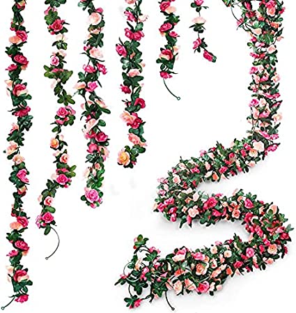 Photo 1 of AnoKe 6pcs 49 FT Rose Vine Flowers Garland Plants- BSTC Artificial Fake Rose Vine Flowers Ivy Garlands Hanging Rose Ivy for Wedding Party Garden Wall Decoration Silk Flowers, Pink