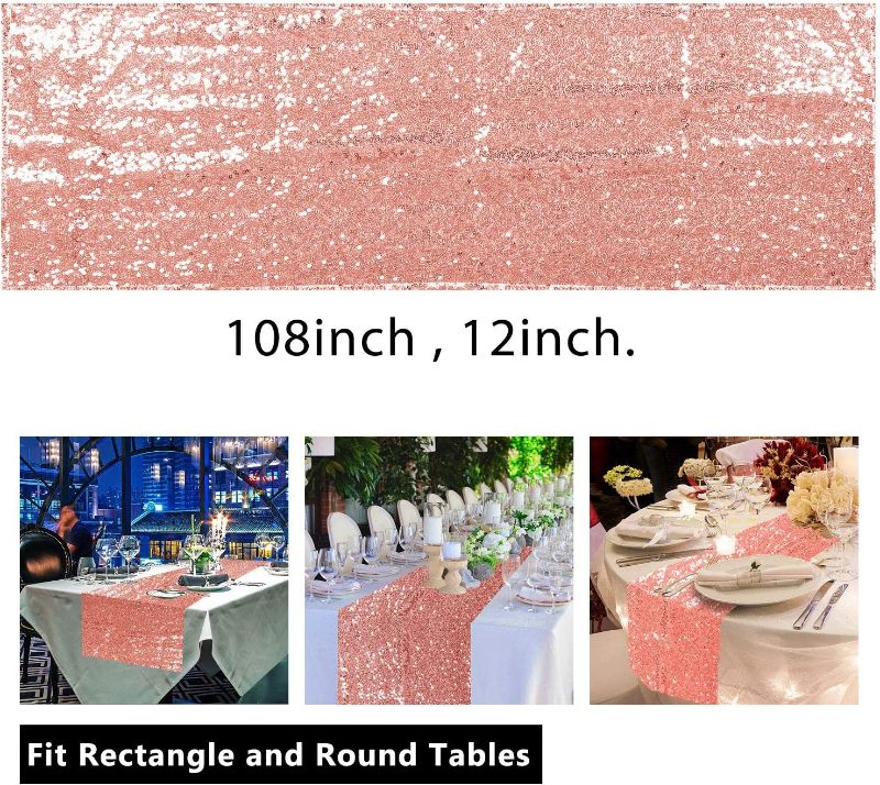 Photo 2 of 2 Pack 12 x 108 inches Sequin Table Runner for Birthday Wedding Bridal Shower Baby Shower Bachelorette Holiday Celebration Party Decorations Tables Supplies (2, ROSE GOLD)