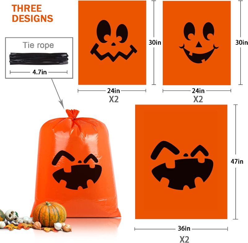 Photo 2 of 2 COUNT CCINEE Pumpkin Lawn Bag,Halloween Leaf Bag Jack-O-Lantern Fall Trash Bag with Twist Tie for Outdoor Decoration,Pack of 6