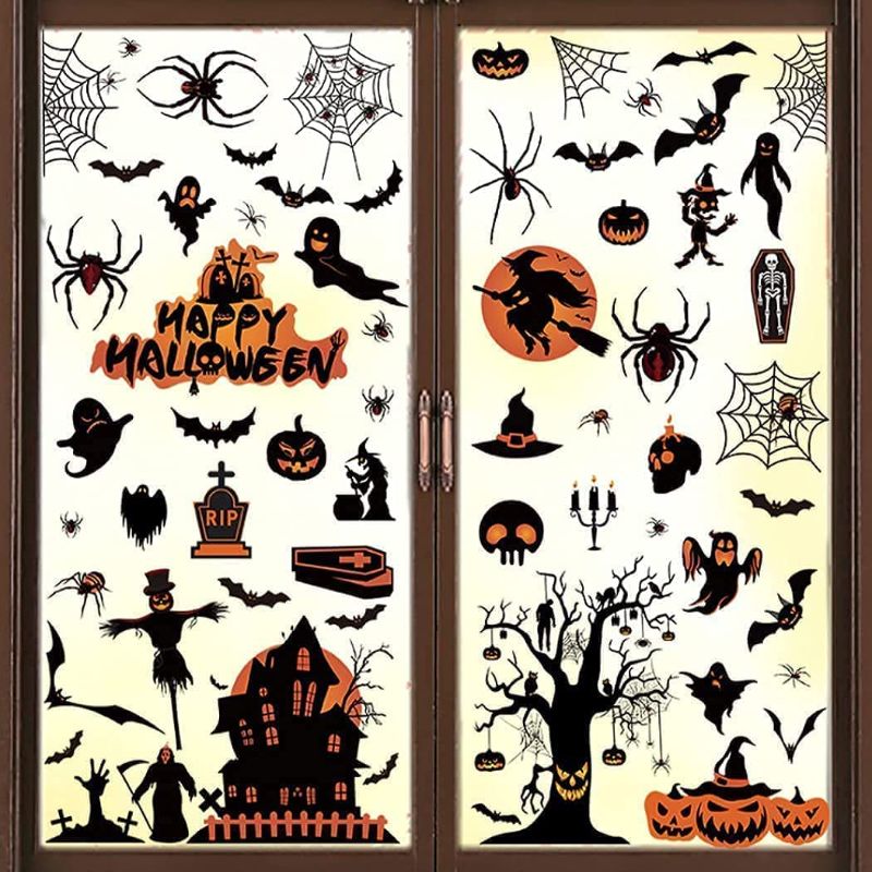 Photo 1 of 98 Pieces Halloween Window Clings Static Window Stickers with PVC Bats Spider Web Window Decals for Halloween Party Decoration Favors Supplies