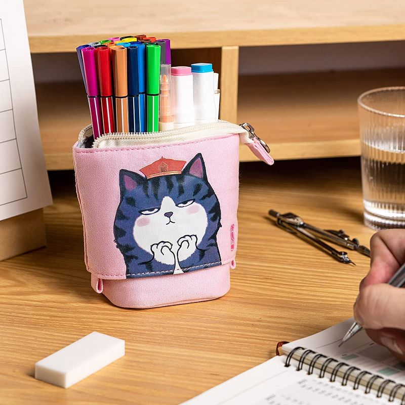 Photo 3 of Comix Telescopic Pencil Case, Cute Standing Pencil Pouch Stationery Organizer Bag, Pen Case Holder for Office School Teens Girl Gifts, WHPH2001BU (Pink, 1 Pack)