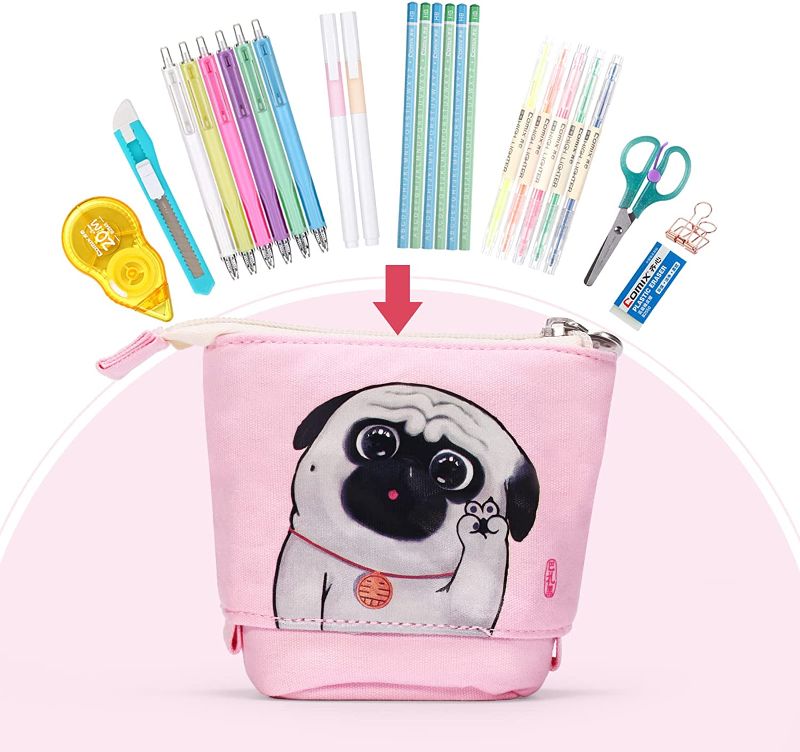 Photo 1 of Comix Telescopic Pencil Case, Cute Standing Pencil Pouch Stationery Organizer Bag, Pen Case Holder for Office School Teens Girl Gifts, WHPH2001BU (Pink, 1 Pack)