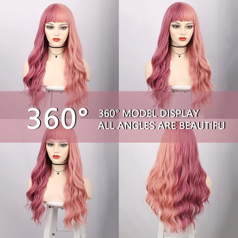 Photo 1 of FORCUTEU Pink Wig Long Wavy Wigs for Women Pink Wig with Bangs Heat Resistant Synthetic Wig for Party Use 26 Inches