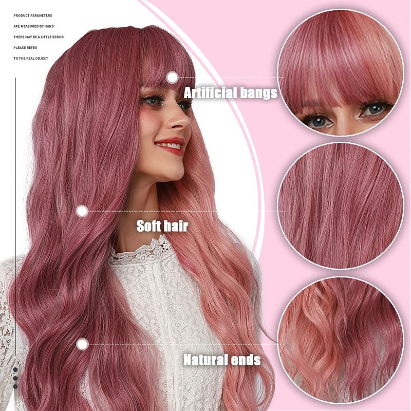 Photo 3 of FORCUTEU Pink Wig Long Wavy Wigs for Women Pink Wig with Bangs Heat Resistant Synthetic Wig for Party Use 26 Inches