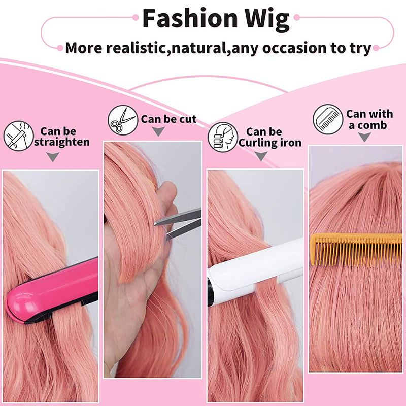 Photo 2 of FORCUTEU Pink Wig Long Wavy Wigs for Women Pink Wig with Bangs Heat Resistant Synthetic Wig for Party Use 26 Inches