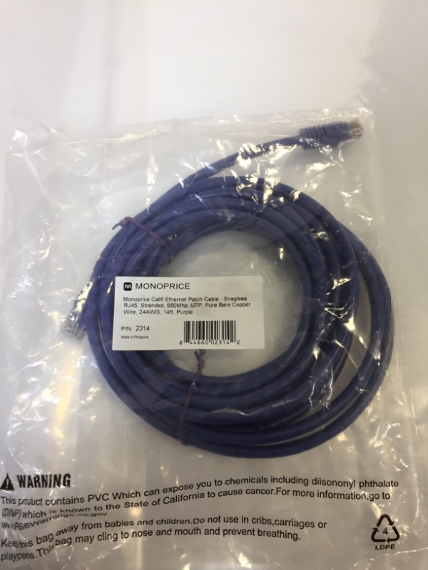 Photo 2 of Monoprice Cat6 Ethernet Patch Cable - Network Internet Cord - RJ45, Stranded, 550Mhz, UTP, Pure Bare Copper Wire, 24AWG, 14ft, Purple
