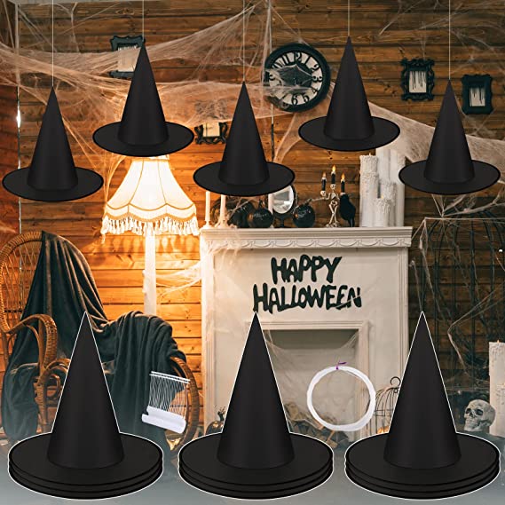 Photo 1 of 12 Pcs Halloween Witches Hat Decor Costume Accessory Black Hanging Witch Hats with Hanging Wire Hook and Halloween Stickers for Porch Yard Party Decoration
