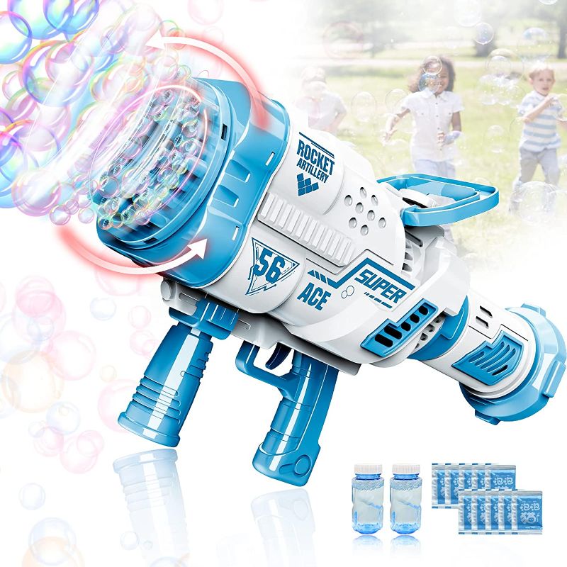 Photo 1 of Bubble Machine Gun,Bazooka 360-Degree Rotate Bubble Launcher with Colorful Lights Automatic Bubble Toy with 56-Hole Rocket Bubble Maker,Gift for Kids Adults Birthday Wedding Party(Blue)