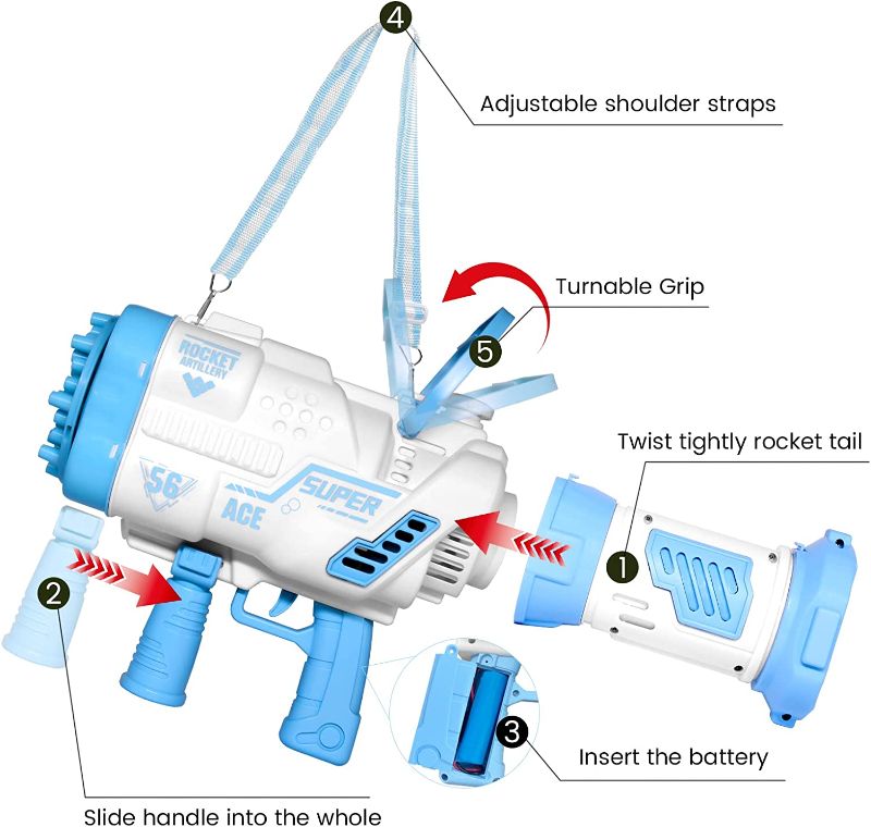 Photo 2 of Bubble Machine Gun,Bazooka 360-Degree Rotate Bubble Launcher with Colorful Lights Automatic Bubble Toy with 56-Hole Rocket Bubble Maker,Gift for Kids Adults Birthday Wedding Party(Blue)