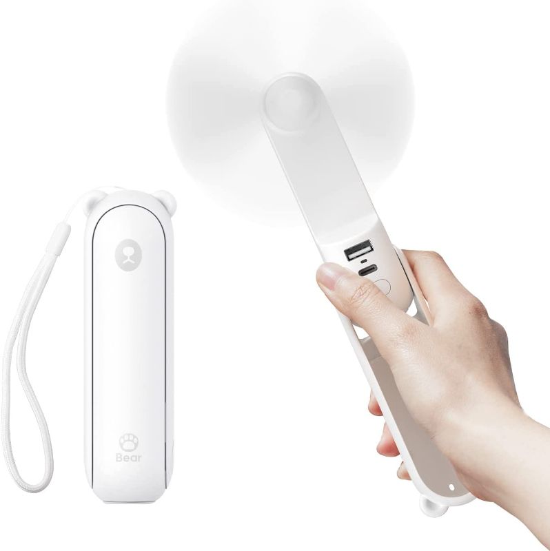 Photo 1 of JISULIFE Handheld Fan with 4800 mAh Powerbank Max 46 Hours Runtime,Pocket Fan Portable Battery Operated or USB Powered Folding Personal Fan,3 Speeds,Enhanced Airflow,Rechargeable Quiet Mini Fan-White