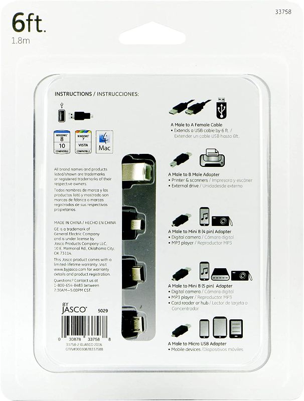 Photo 2 of GE Universal USB 2.0 Adapter Kit, 6ft. A Male to A Female Extension Cable, 4 Adapters Included: A Male to B Male, A Male to Mini B (4 Pin), A Male to Mini B (5 Pin), A Male to Micro USB, 33758-- Factory Seal