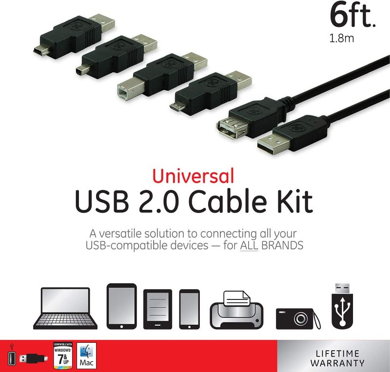 Photo 1 of GE Universal USB 2.0 Adapter Kit, 6ft. A Male to A Female Extension Cable, 4 Adapters Included: A Male to B Male, A Male to Mini B (4 Pin), A Male to Mini B (5 Pin), A Male to Micro USB, 33758-- Factory Seal