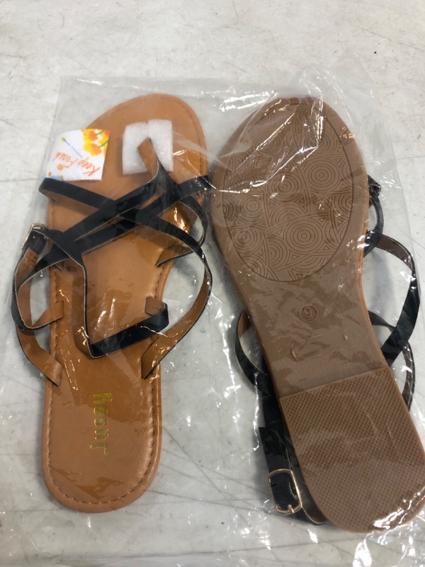 Photo 1 of Flat Sandals for Women Strappy Sandal, Jussy Adjustable Flat Sandals with Buckled Ankle Strap Simple Classic Sandals Ladies Sandals -- Size 9 - Black color