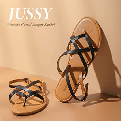Photo 1 of Flat Sandals for Women Strappy Sandal, Jussy Adjustable Flat Sandals with Buckled Ankle Strap Simple Classic Sandals Ladies Sandals -- Size 9 - Black color