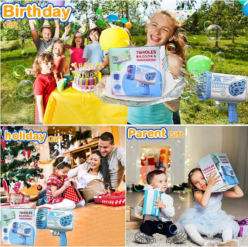 Photo 2 of 76-Holes Bazooka Bubble Machine Gun with Colorful Lights, Bubble Solution for Kids Adult Automatic Bubble Maker Gun for Indoor Outdoor Playing Activity Birthday Party Wedding Etc.(Blue)