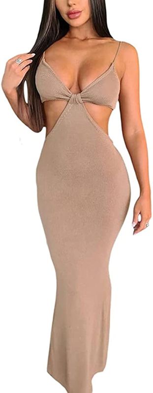 Photo 2 of Antopmen Women Spaghetti Straps Knitted Maxi Dresses Elegant Sexy Party Cut Out Backless Bodycon Slim Dress-- size M