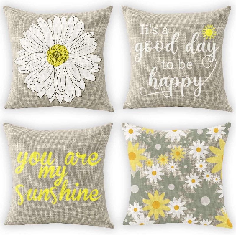 Photo 1 of  Summer Decorative Set of 4 Pillow Cover Yellow and Grey,Pillow Covers 18x18 Daisy Decor Throw Pillow Covers for Living Room Couch Cushion Bed Indoor Outdoor Patio Farmhouse Home Decorations