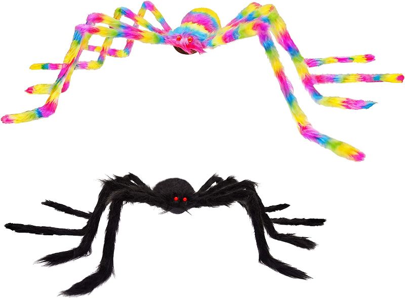 Photo 1 of  2 Pack 50"+35" Giant Halloween Spider Large Fake Scary Hairy Spiders for Halloween Decorations Outdoor Indoor Halloween Decor Yard Party Decoration
