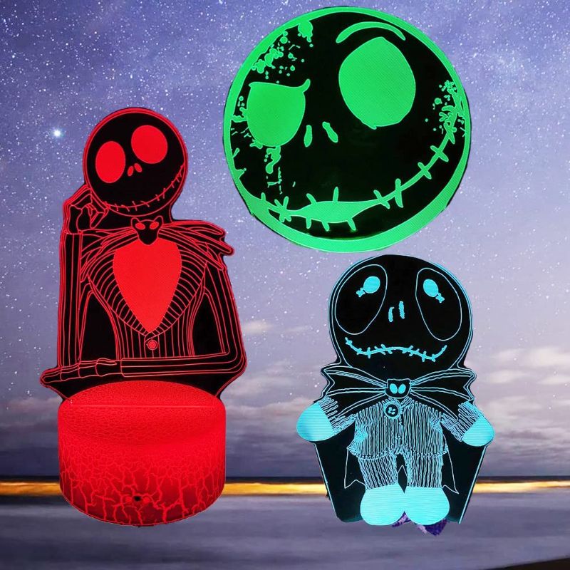 Photo 1 of 3D Illusion Halloween Night Light for Kids (3patterns),Pumpkin King Jack Skellington Anime LED Lamp,16 Colors with Remote Control Bedroom Desk Decor Creative Lamps for Boys Girls