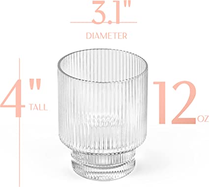 Photo 1 of  Ribbed Cocktail Glasses | Set of 4 | 12 oz Crystal Double Old Fashioned Tumblers for Drinking Classic Whiskey, Gin, Vodka Bar Drinks | Round Short