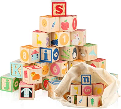 Photo 1 of  Wooden ABC Building Blocks for Toddlers 1-3 |26 PCS Wood Baby Alphabet Number Blocks for Stacking Learning Preschool Educational Montessori Sensory Toys for Kids Boys Girls Gifts 1.65"