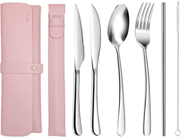 Photo 1 of  ZCTIVE Dinner Personal Flatware Set,Portable Utensils Set,Reusable 18/8 Stainless Steel Travel Camping Cutlery Set, (8-piece Silver Including Steak Knife) (PINK-large)