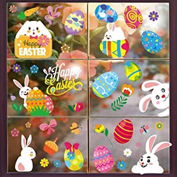 Photo 1 of 10 Sheet Easter Window Clings, Easter Window Stickers Bunny Egg Glass Door Decals for Home, Office, School Party Decoration Supplies