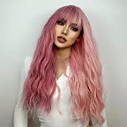 Photo 1 of FORCUTEU Pink Wig Long Wavy Wigs for Women Pink Wig with Bangs Heat Resistant Synthetic Wig for Party Use 26 Inches
