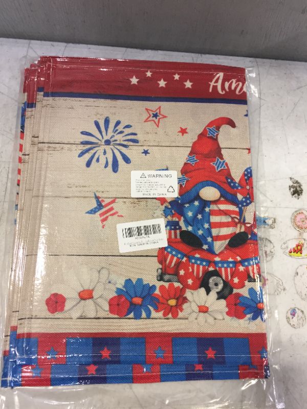 Photo 2 of 4th of July Placemats, Patriotic Placemats Set of 6, Fourth of July Place Mats for Dining Table 12x18 Inch, Gnomes Red Truck American Stars Heat Resistant Burlap Table Mats for Kitchen Decor Indoor
