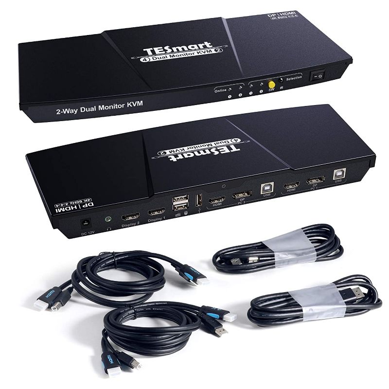 Photo 1 of TESmart DisplayPort + HDMI KVM switch 2 monitors 2 computers, 4 port HDMI & DisplayPort KVM switch dual monitor, EDID, UHD 4K@60Hz, Stereo Audio, Hotkey, Button Switching, Monitor Switcher Box for Mac