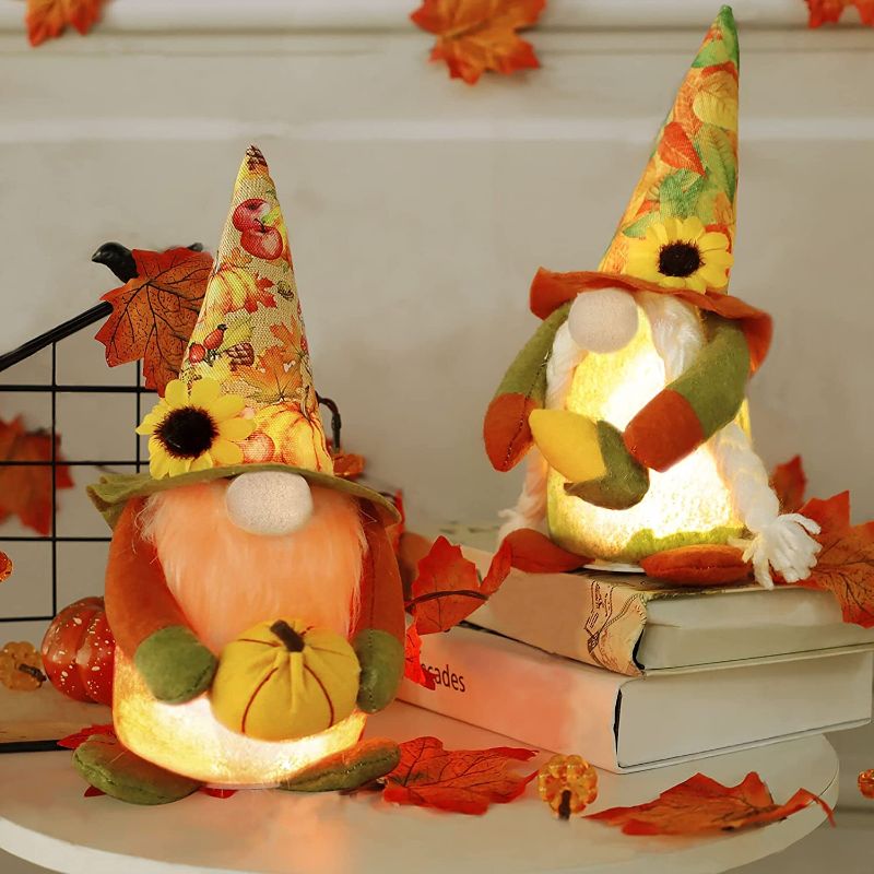 Photo 1 of 2 Pack Lighted Gnomes Thanksgiving Fall Decorations for Home, Plush Swedish Tomte Gnome Hold Pumpkin Corn Harvest Thanksgiving Fall Home Decor for Inddor Party Table Tiered Tray Farmhouse
