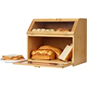 Photo 1 of Afoxsos Double Compartment Bread Box - Large Bamboo Bread Box For Kitchen Countertop With 2 Clear Window Large Capacity Bread Storage Container Double Layers Bread Storage Holder
