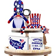 Photo 1 of 4th of July Decorations Tiered Tray Decor - Patriotic Gnome Plush - 3 Independence Day Wooden Signs - Wooden Garland with star for Home Table Memorial Day 4th of July Decorations (Tray Not Included)
