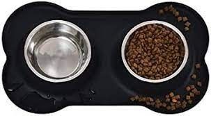 Photo 1 of Amazon Basics Dog Bone Shaped Silicone Pet Food and Water Bowl Combo, Black,3 Piece Set
