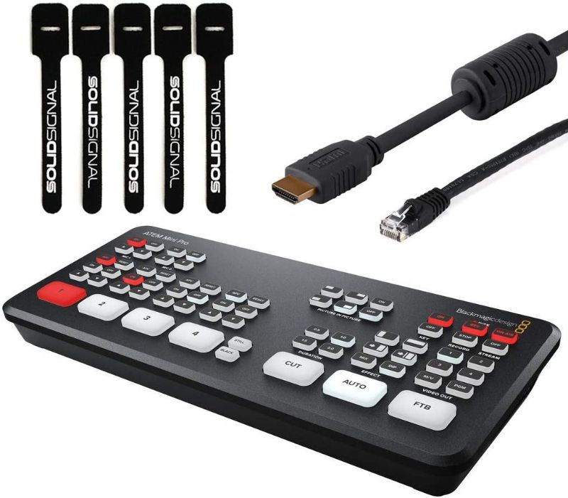 Photo 1 of Blackmagic Design ATEM Mini Pro HDMI Live Stream Switcher Starter Bundle with 6’ HDMI Cable, 7’ Cat5e Cable, and 5-Pack of Solid Signal Cable Ties