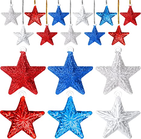 Photo 1 of 24 Pieces 4th of July Star Glass Ornaments Set Mini Spun Glass Ornaments Patriotic Party Home Star Hanging Glass Ornaments for Independence Day Holiday Party Decoration(Red, Blue, White) (Star Style)
