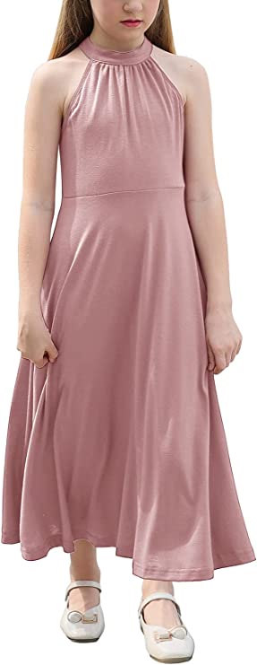 Photo 1 of GORLYA Girls Halter Neck Cold Shoulder Casual Long Swing Dress with Pockets 4-14Y
